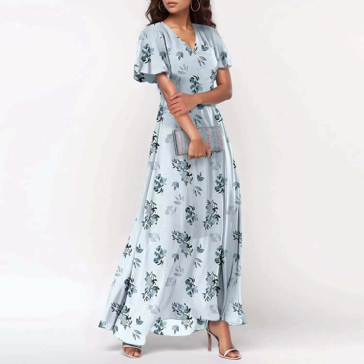 Dresses for Church Women 2025 Maxi Dress Summer Wrap Floral Ruffle Sleeve Chiffon Wedding Dress Boho
