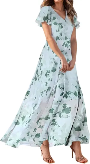 Dresses for Church Women 2025 Maxi Dress Summer Wrap Floral Ruffle Sleeve Chiffon Wedding Dress Boho