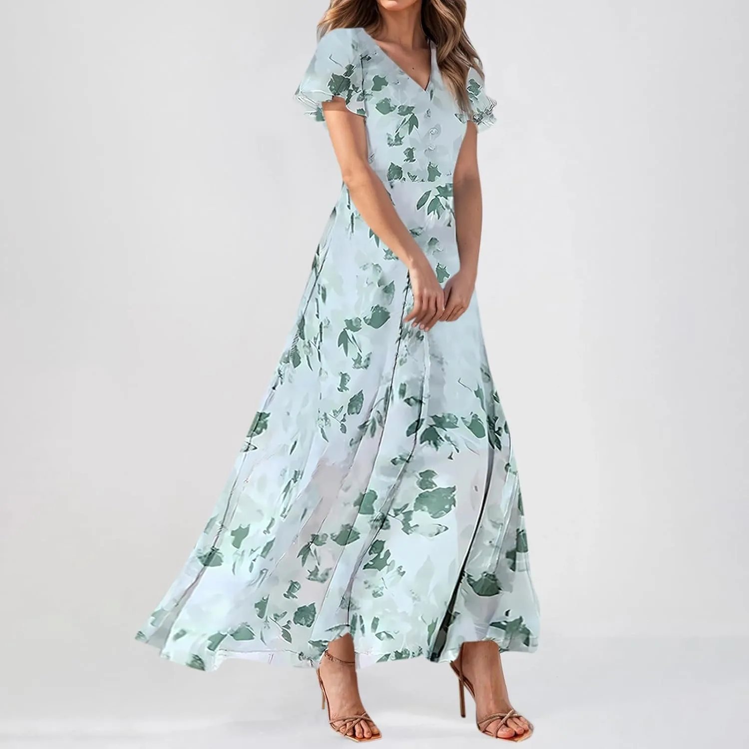 Dresses for Church Women 2025 Maxi Dress Summer Wrap Floral Ruffle Sleeve Chiffon Wedding Dress Boho