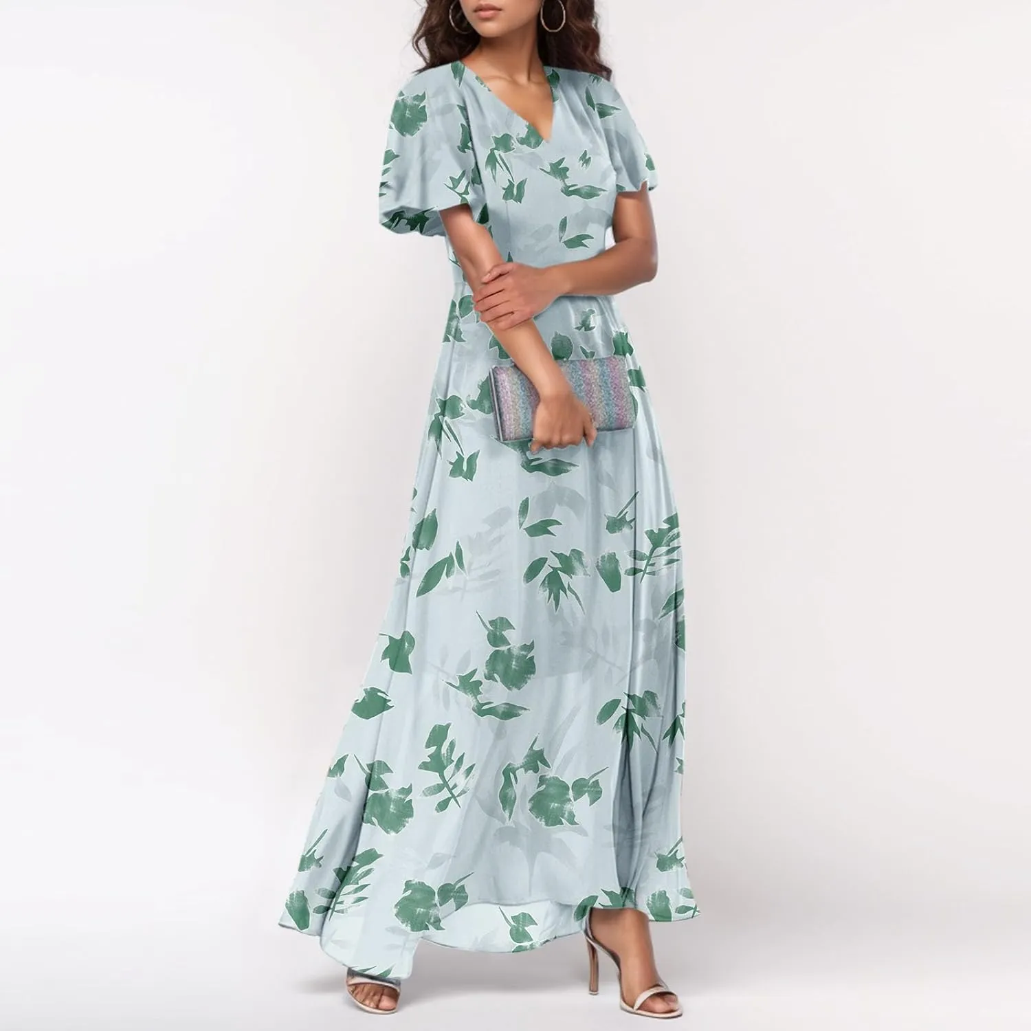 Dresses for Church Women 2025 Maxi Dress Summer Wrap Floral Ruffle Sleeve Chiffon Wedding Dress Boho
