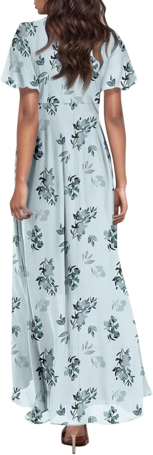 Dresses for Church Women 2025 Maxi Dress Summer Wrap Floral Ruffle Sleeve Chiffon Wedding Dress Boho