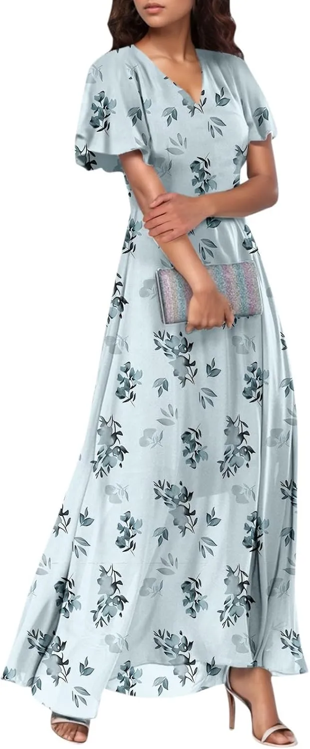 Dresses for Church Women 2025 Maxi Dress Summer Wrap Floral Ruffle Sleeve Chiffon Wedding Dress Boho