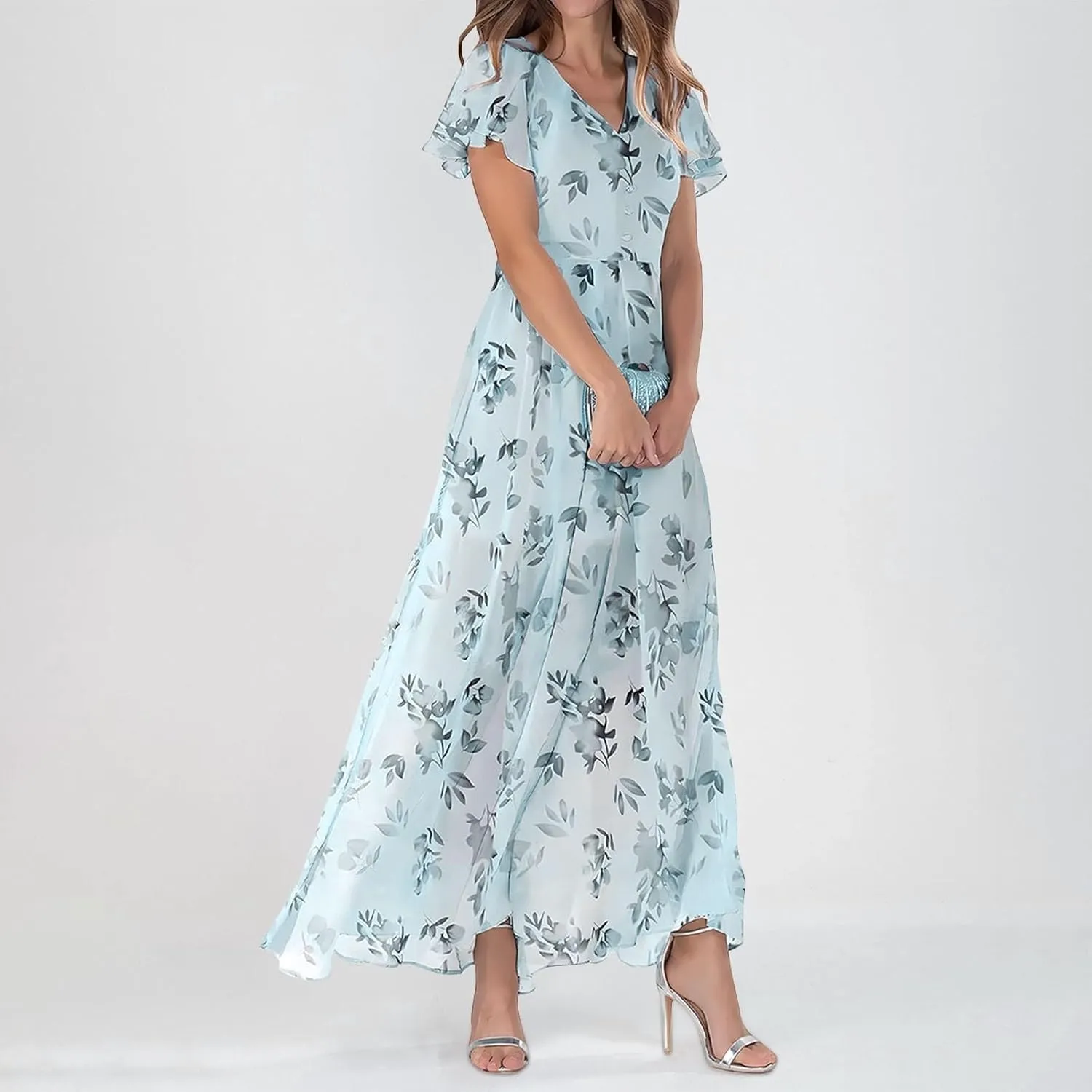 Dresses for Church Women 2025 Maxi Dress Summer Wrap Floral Ruffle Sleeve Chiffon Wedding Dress Boho