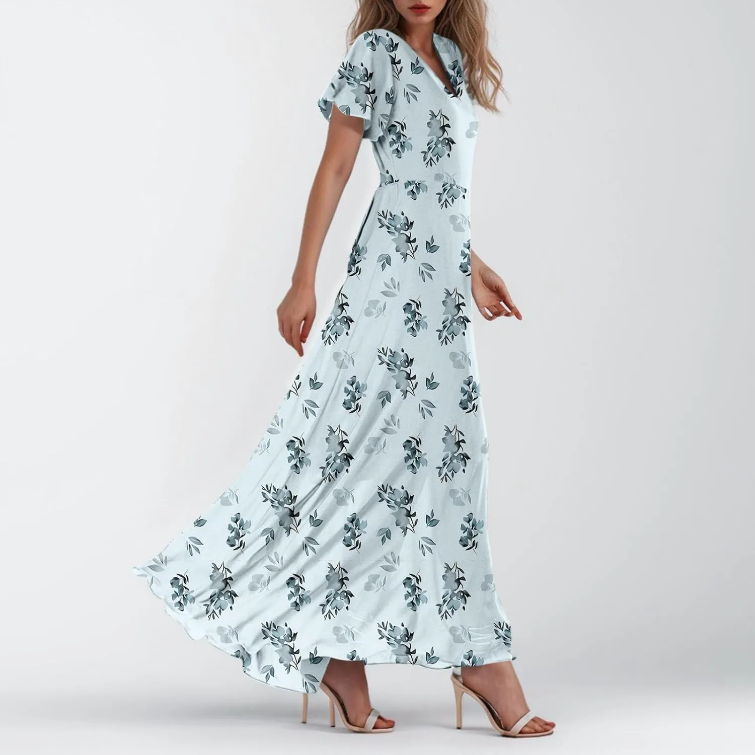Dresses for Church Women 2025 Maxi Dress Summer Wrap Floral Ruffle Sleeve Chiffon Wedding Dress Boho