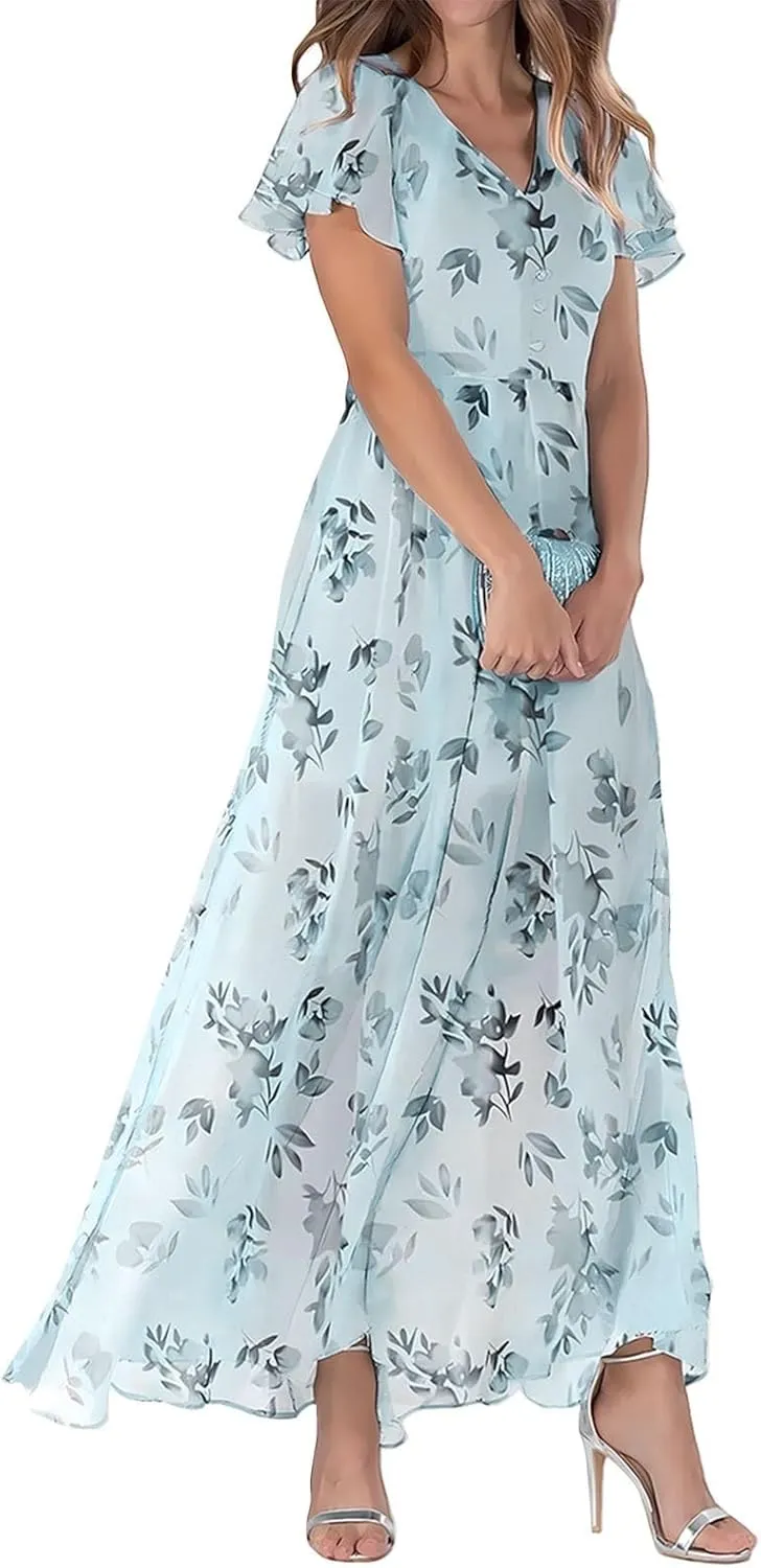 Dresses for Church Women 2025 Maxi Dress Summer Wrap Floral Ruffle Sleeve Chiffon Wedding Dress Boho