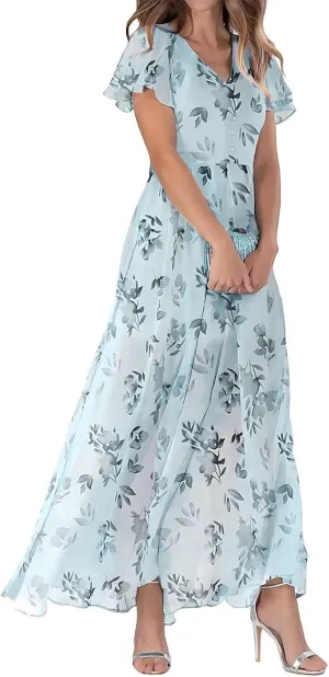 Dresses for Church Women 2025 Maxi Dress Summer Wrap Floral Ruffle Sleeve Chiffon Wedding Dress Boho