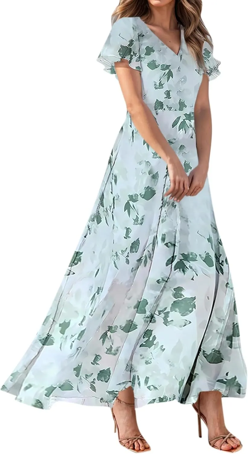 Dresses for Church Women 2025 Maxi Dress Summer Wrap Floral Ruffle Sleeve Chiffon Wedding Dress Boho