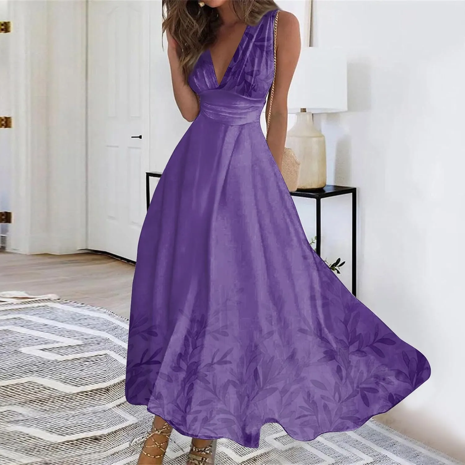 Dresses for Women 2024 Sleeveless Floral Printed Maxi Dress Wrap V Neck Flowy Ruched Beach Dresses Boho Sundresses