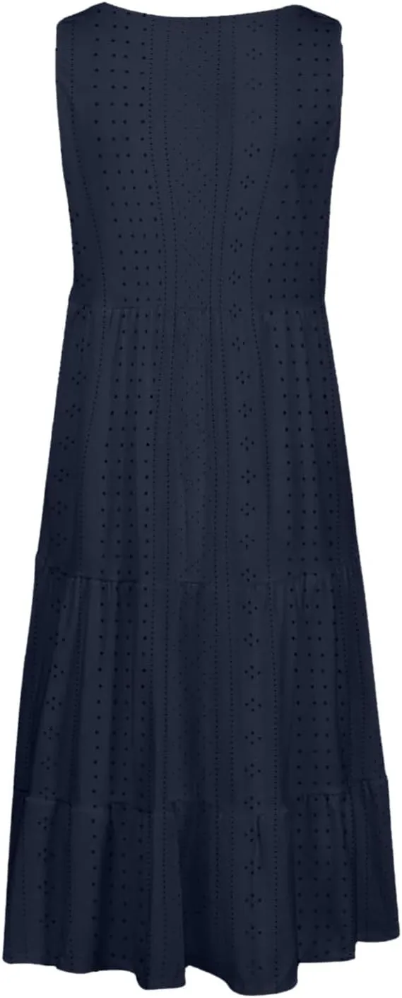 Dresses for Women 2025 Eyelet Sleeveless Crew Neck Hollow Out Sundresses Solid Color Beach Hawaiian Fashion Dress