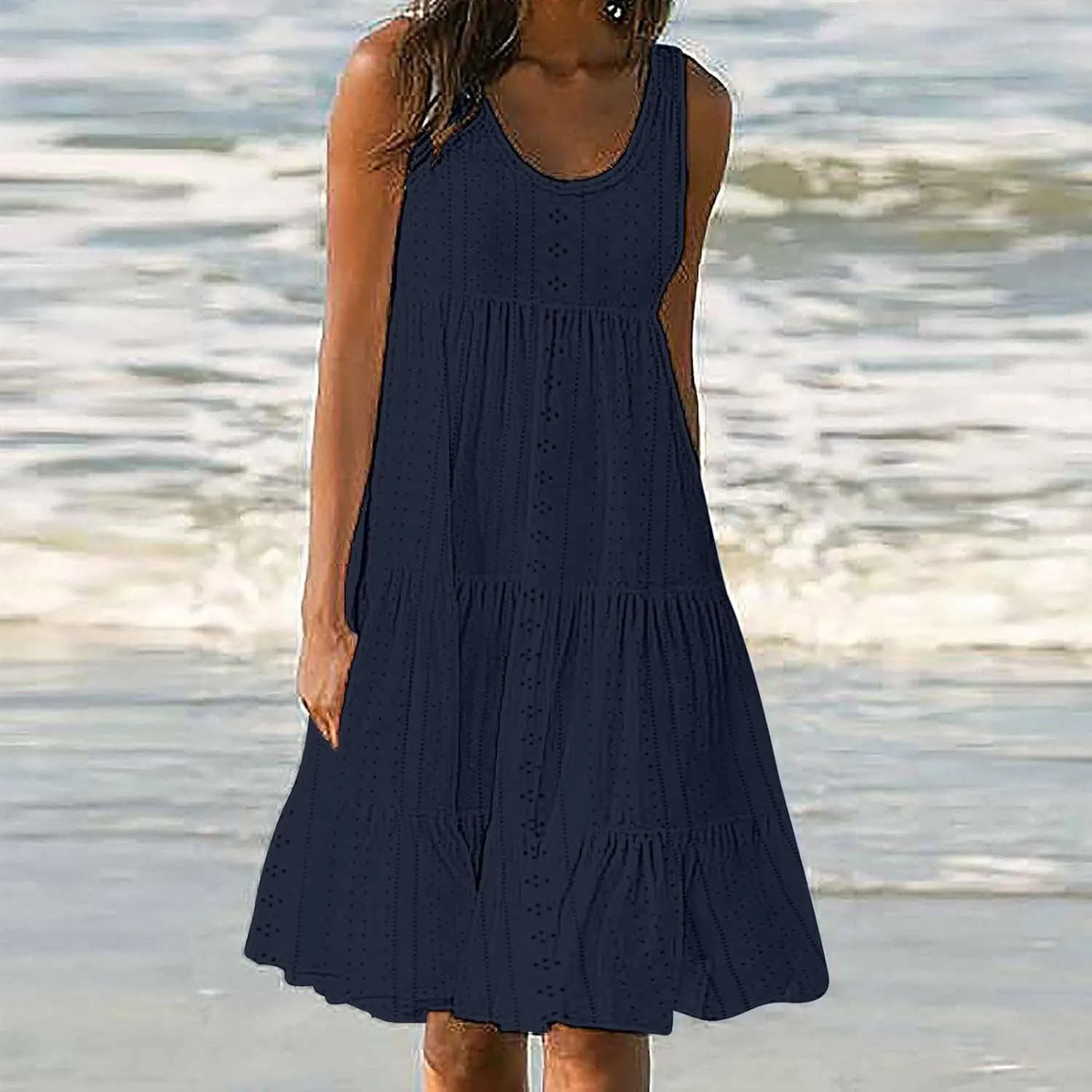 Dresses for Women 2025 Eyelet Sleeveless Crew Neck Hollow Out Sundresses Solid Color Beach Hawaiian Fashion Dress