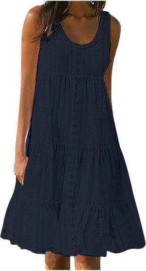 Dresses for Women 2025 Eyelet Sleeveless Crew Neck Hollow Out Sundresses Solid Color Beach Hawaiian Fashion Dress