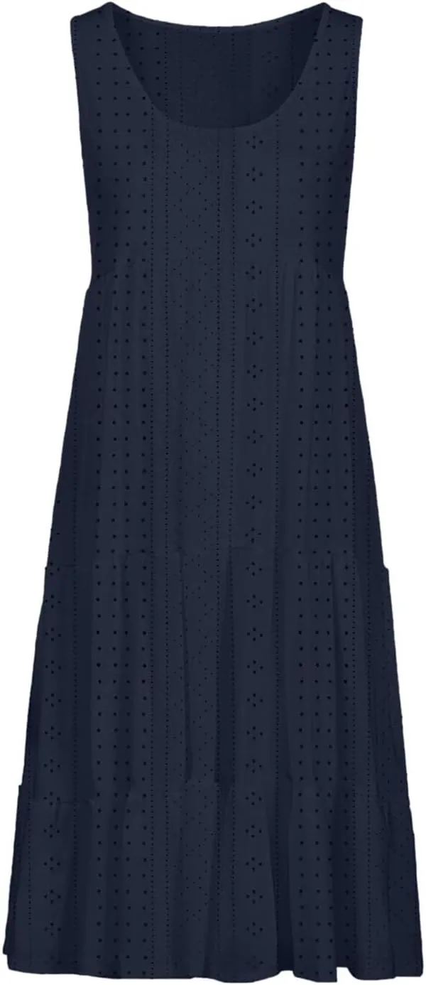 Dresses for Women 2025 Eyelet Sleeveless Crew Neck Hollow Out Sundresses Solid Color Beach Hawaiian Fashion Dress