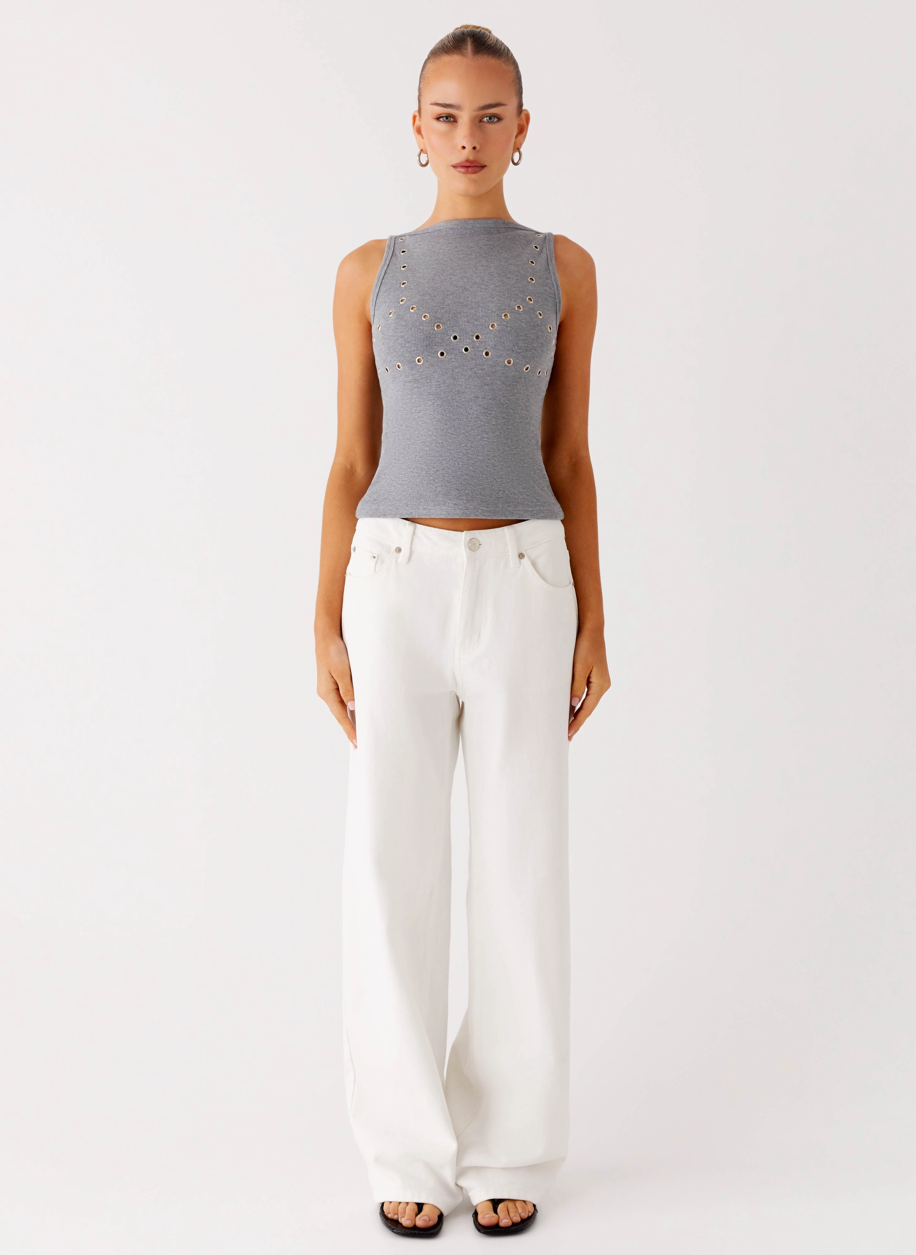 Drop Top Ribbed Eyelet Tank Top - Marle Grey