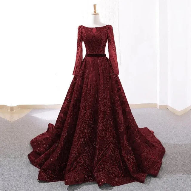 Dubai A-Line Luxury Evening Dress Muslim Vintage Long Sleeves Sequins Sparkle Prom Party Gowns