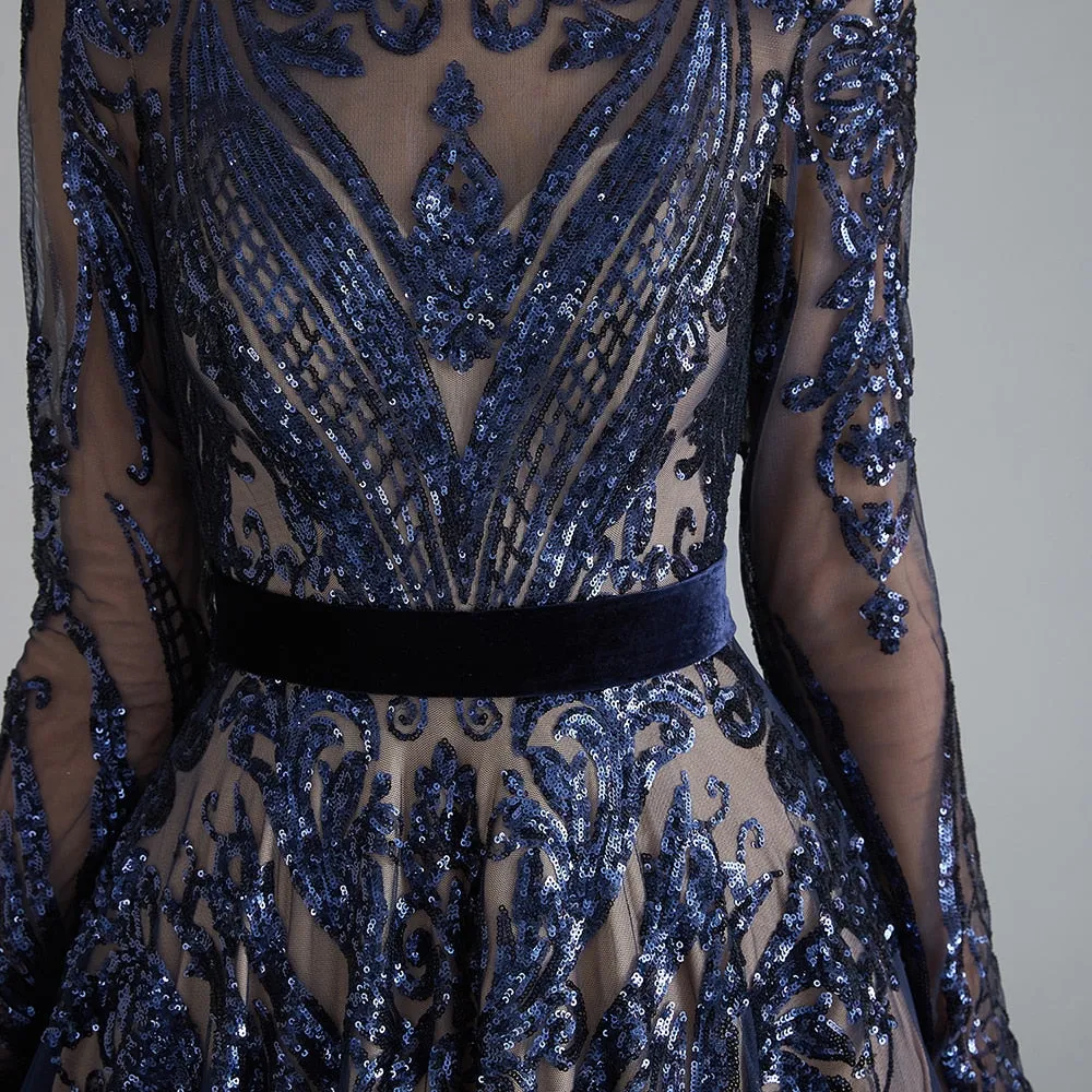 Dubai A-Line Luxury Evening Dress Muslim Vintage Long Sleeves Sequins Sparkle Prom Party Gowns