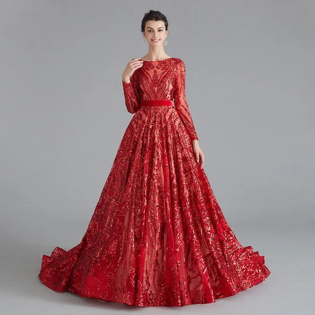 Dubai A-Line Luxury Evening Dress Muslim Vintage Long Sleeves Sequins Sparkle Prom Party Gowns