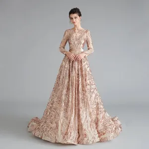 Dubai A-Line Luxury Evening Dress Muslim Vintage Long Sleeves Sequins Sparkle Prom Party Gowns