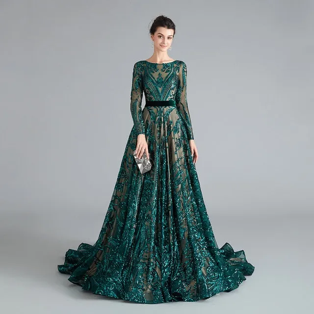 Dubai A-Line Luxury Evening Dress Muslim Vintage Long Sleeves Sequins Sparkle Prom Party Gowns