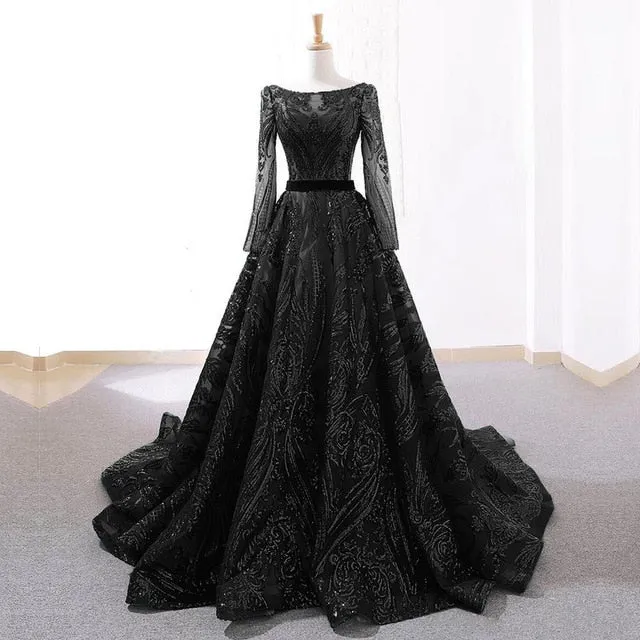 Dubai A-Line Luxury Evening Dress Muslim Vintage Long Sleeves Sequins Sparkle Prom Party Gowns