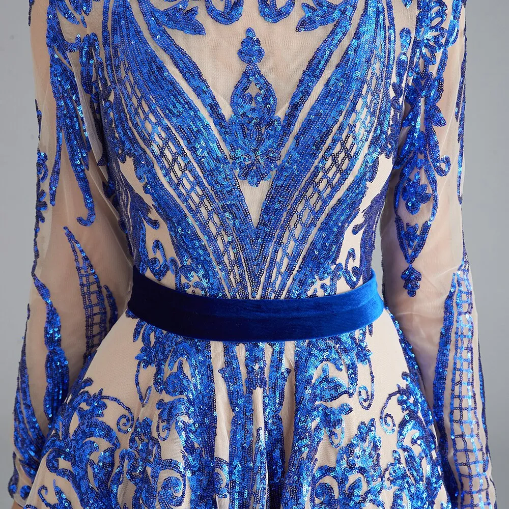 Dubai A-Line Luxury Evening Dress Muslim Vintage Long Sleeves Sequins Sparkle Prom Party Gowns