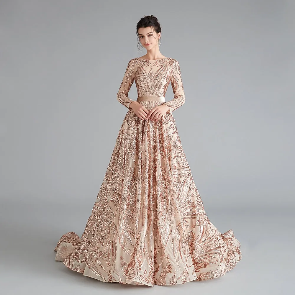Dubai A-Line Luxury Evening Dress Muslim Vintage Long Sleeves Sequins Sparkle Prom Party Gowns