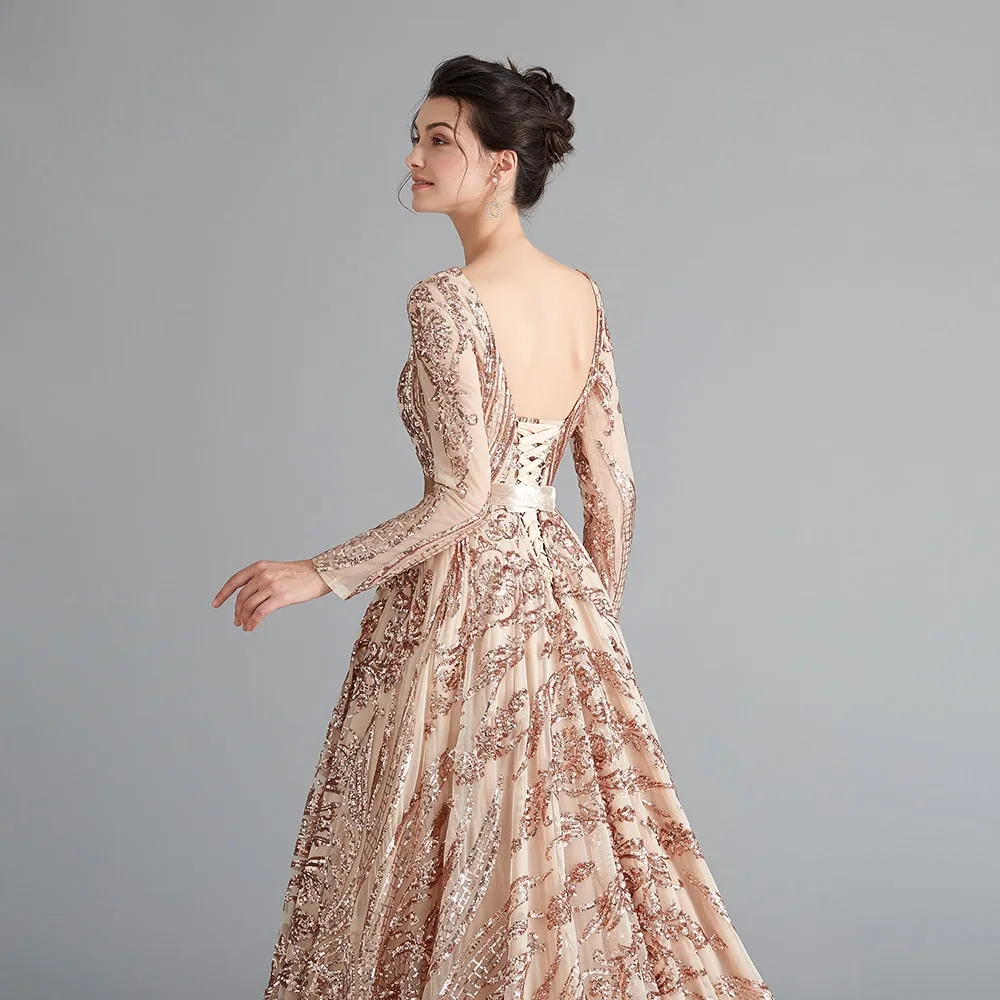 Dubai A-Line Luxury Evening Dress Muslim Vintage Long Sleeves Sequins Sparkle Prom Party Gowns