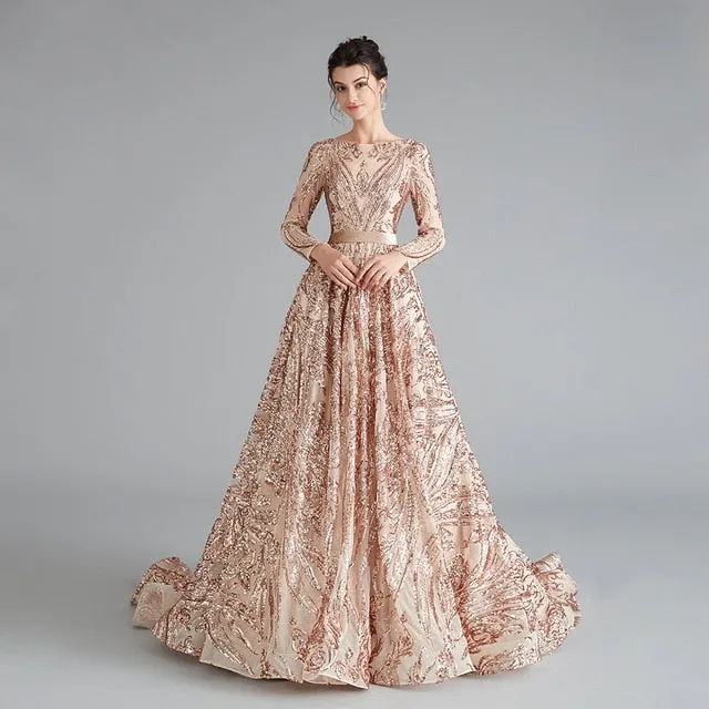 Dubai A-Line Luxury Evening Dress Muslim Vintage Long Sleeves Sequins Sparkle Prom Party Gowns