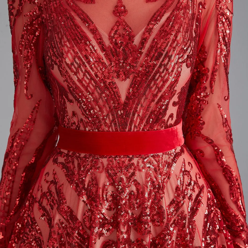 Dubai A-Line Luxury Evening Dress Muslim Vintage Long Sleeves Sequins Sparkle Prom Party Gowns