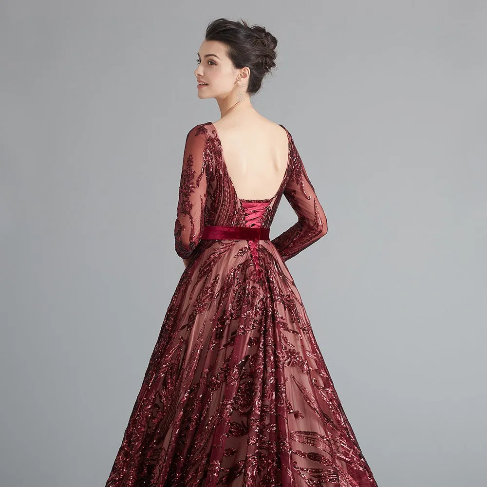 Dubai A-Line Luxury Evening Dress Muslim Vintage Long Sleeves Sequins Sparkle Prom Party Gowns