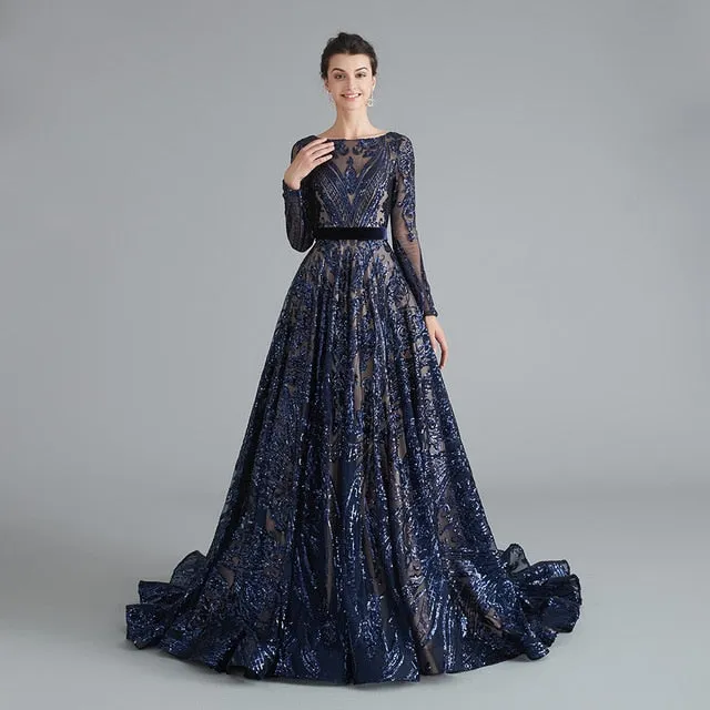 Dubai A-Line Luxury Evening Dress Muslim Vintage Long Sleeves Sequins Sparkle Prom Party Gowns