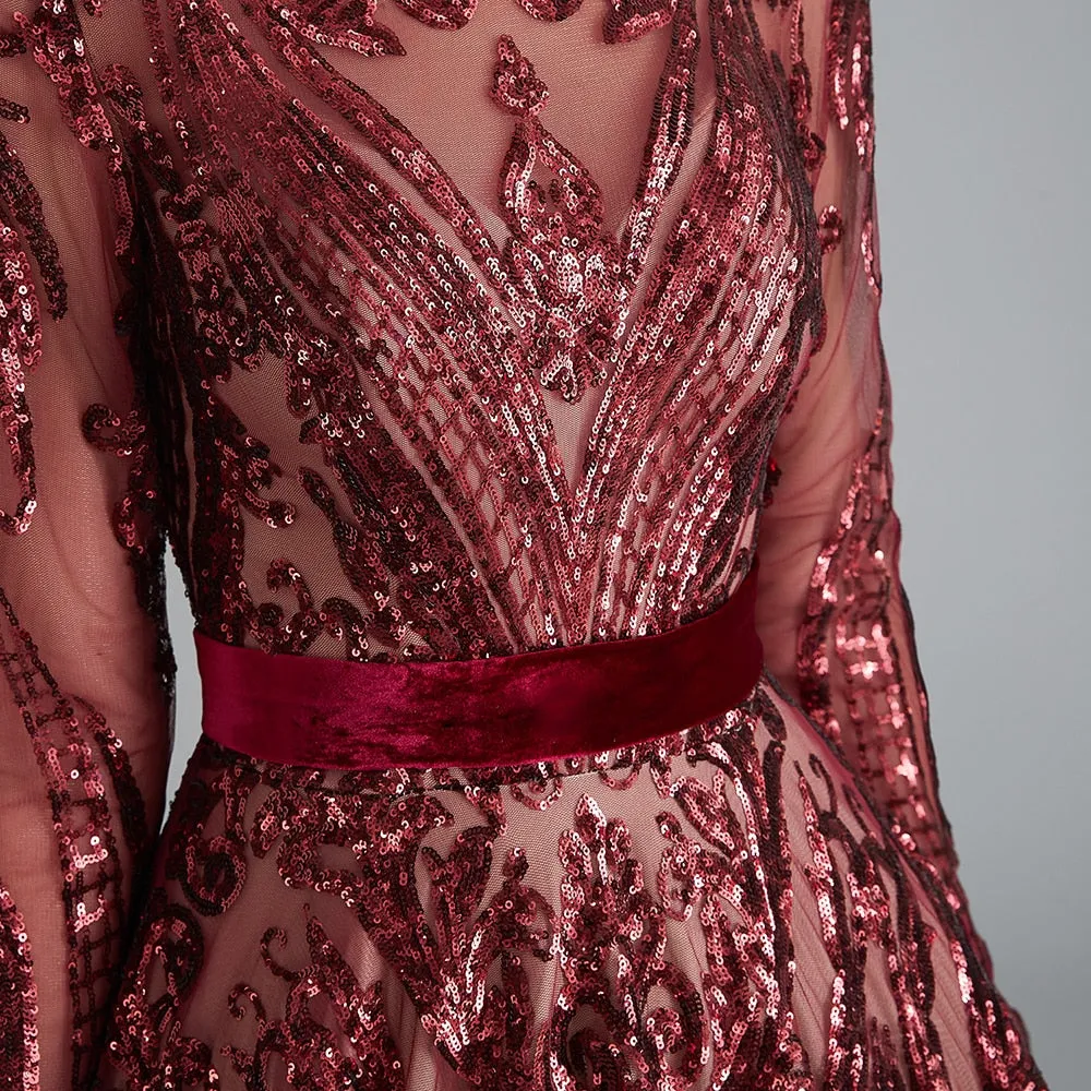 Dubai A-Line Luxury Evening Dress Muslim Vintage Long Sleeves Sequins Sparkle Prom Party Gowns