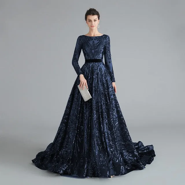 Dubai A-Line Luxury Evening Dress Muslim Vintage Long Sleeves Sequins Sparkle Prom Party Gowns