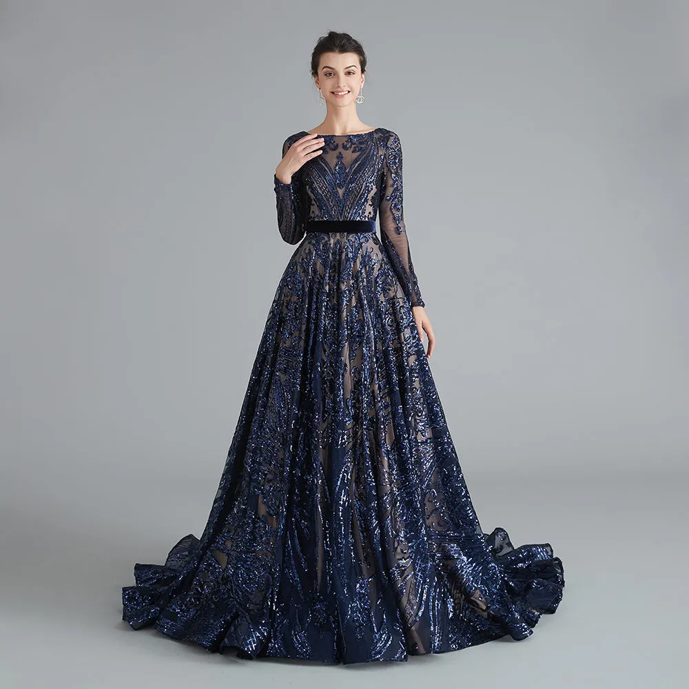 Dubai A-Line Luxury Evening Dress Muslim Vintage Long Sleeves Sequins Sparkle Prom Party Gowns