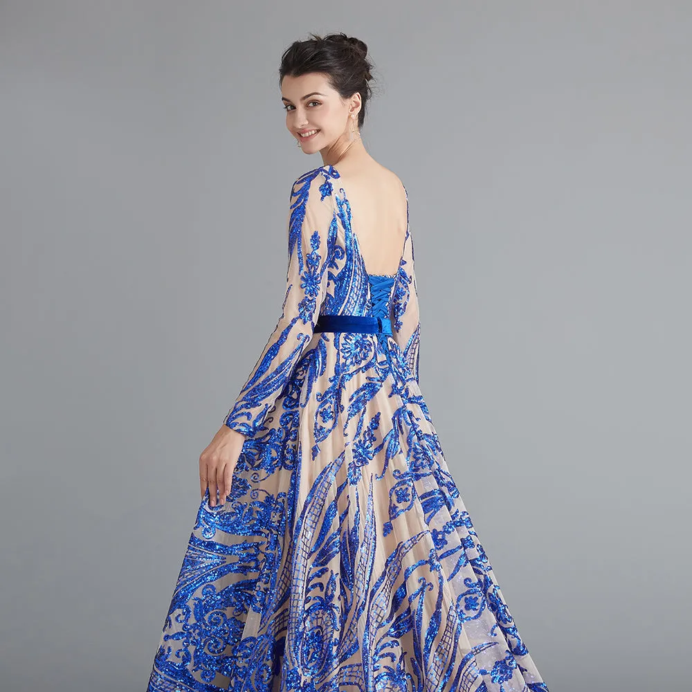 Dubai A-Line Luxury Evening Dress Muslim Vintage Long Sleeves Sequins Sparkle Prom Party Gowns
