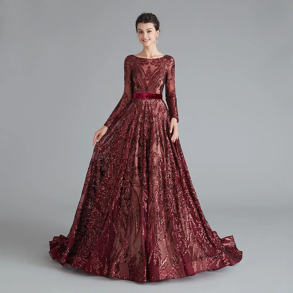Dubai A-Line Luxury Evening Dress Muslim Vintage Long Sleeves Sequins Sparkle Prom Party Gowns