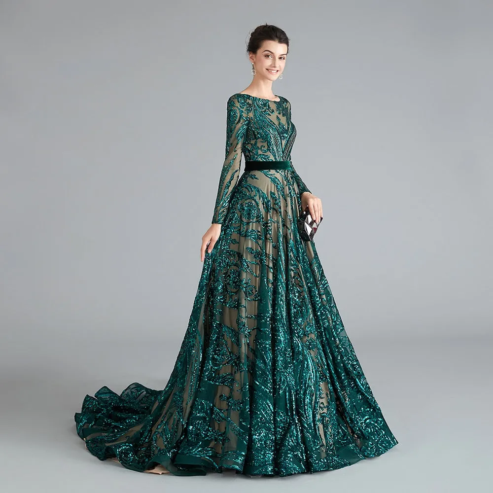 Dubai A-Line Luxury Evening Dress Muslim Vintage Long Sleeves Sequins Sparkle Prom Party Gowns