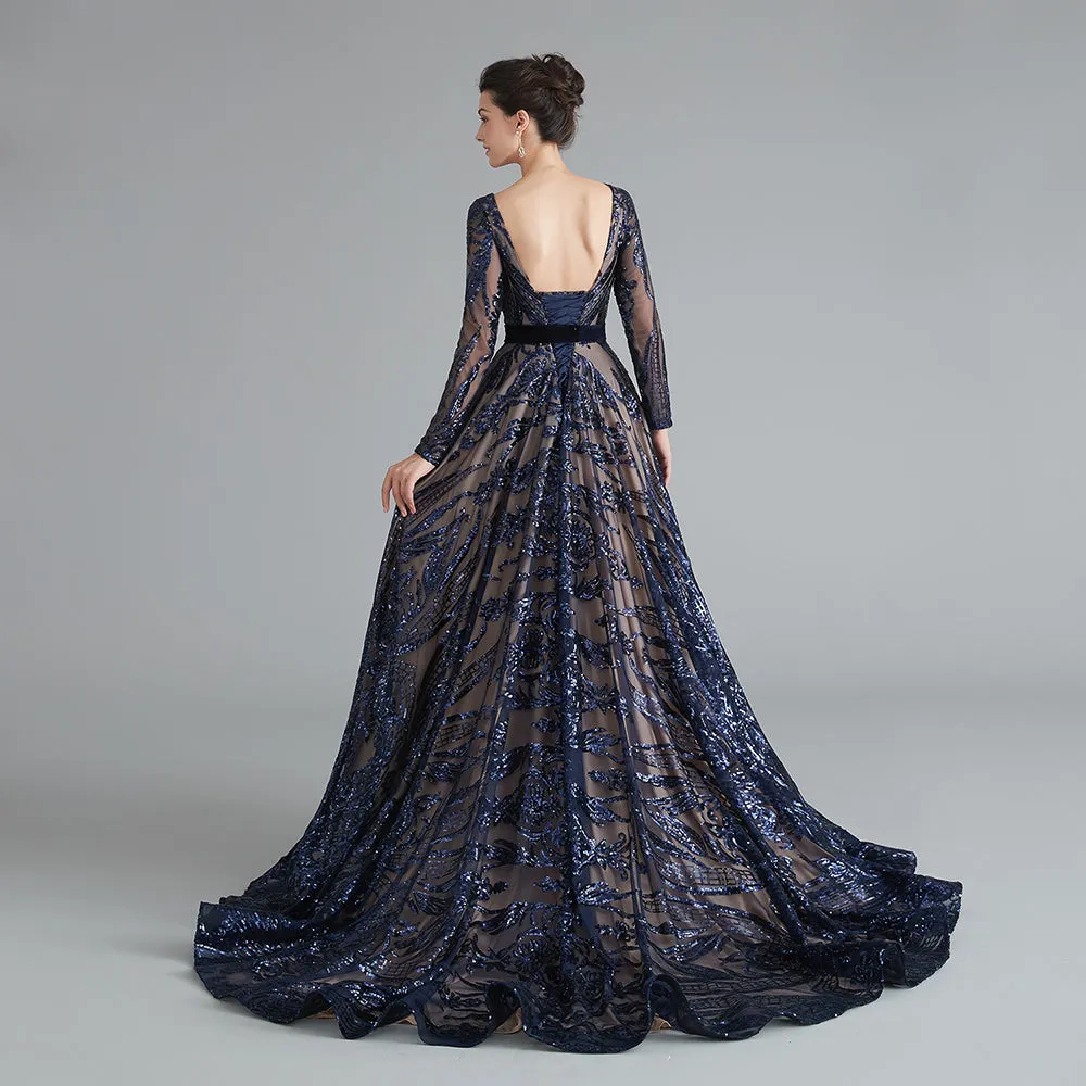 Dubai A-Line Luxury Evening Dress Muslim Vintage Long Sleeves Sequins Sparkle Prom Party Gowns