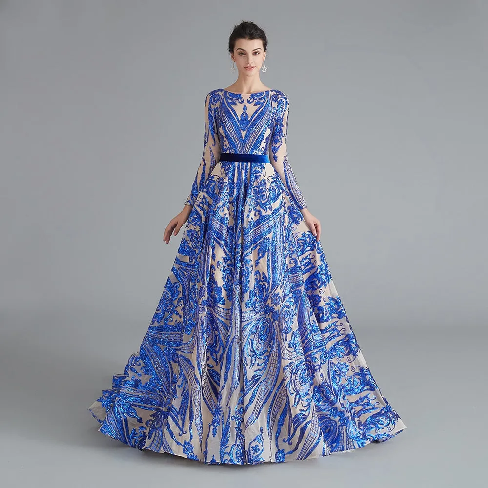 Dubai A-Line Luxury Evening Dress Muslim Vintage Long Sleeves Sequins Sparkle Prom Party Gowns