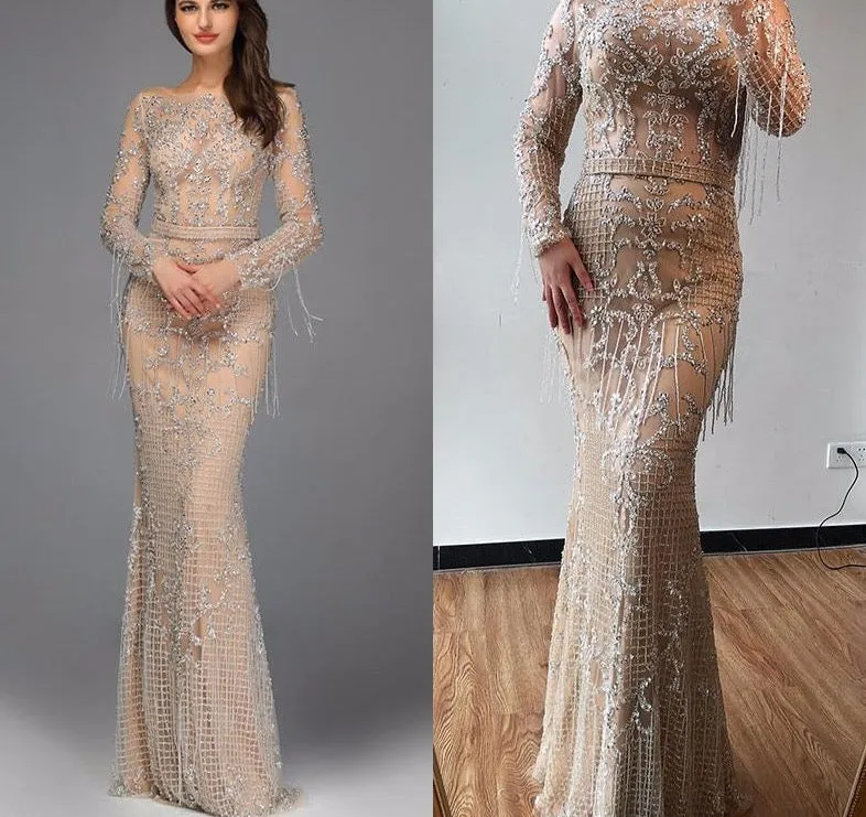 Dubai Luxury Long Sleeve Sparkle Evening Dresses Sequined Beading Evening Gowns