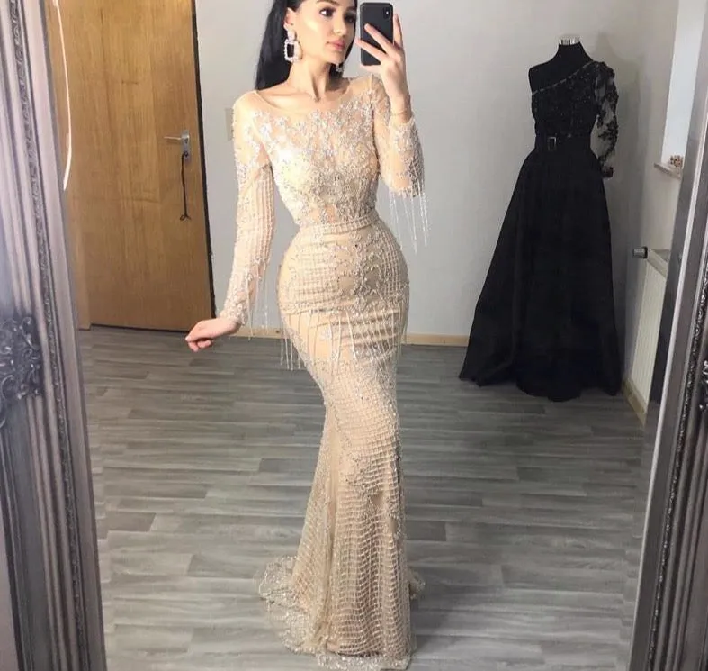 Dubai Luxury Long Sleeve Sparkle Evening Dresses Sequined Beading Evening Gowns