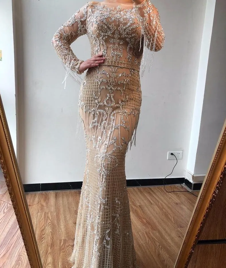 Dubai Luxury Long Sleeve Sparkle Evening Dresses Sequined Beading Evening Gowns