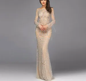 Dubai Luxury Long Sleeve Sparkle Evening Dresses Sequined Beading Evening Gowns