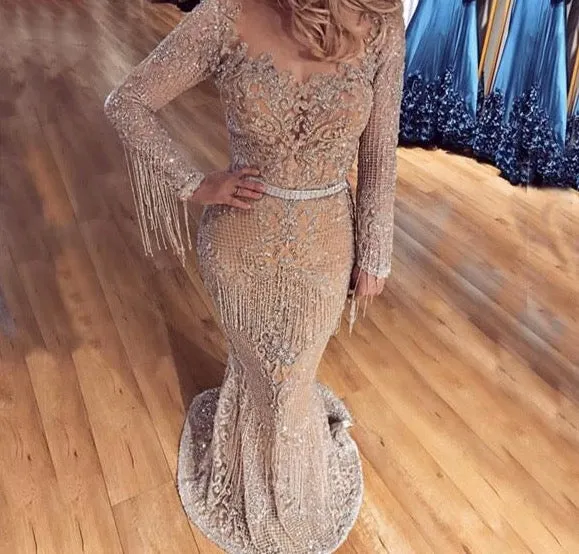 Dubai Luxury Long Sleeve Sparkle Evening Dresses Sequined Beading Evening Gowns