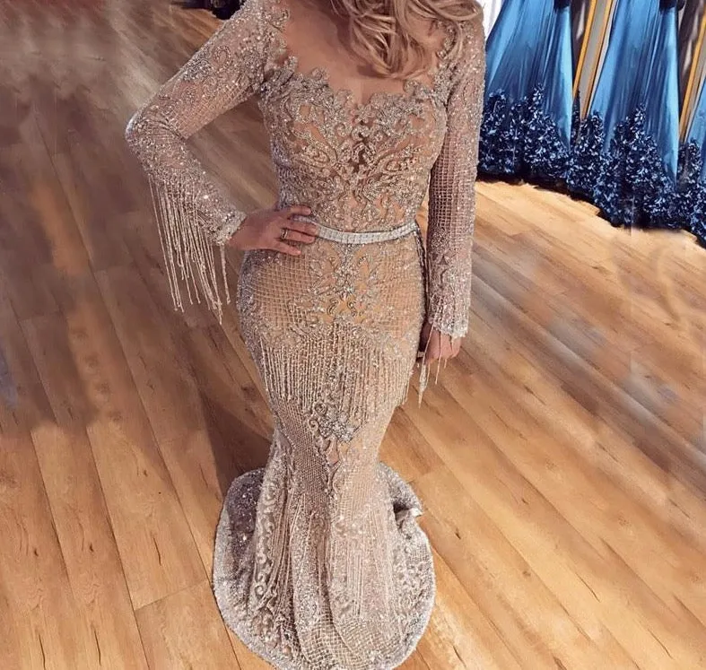 Dubai Luxury Long Sleeve Sparkle Evening Dresses Sequined Beading Evening Gowns