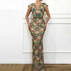 Dubai Multicolored Sequins Sexy Handmade Flowers Luxury Sparkle Evening Dress