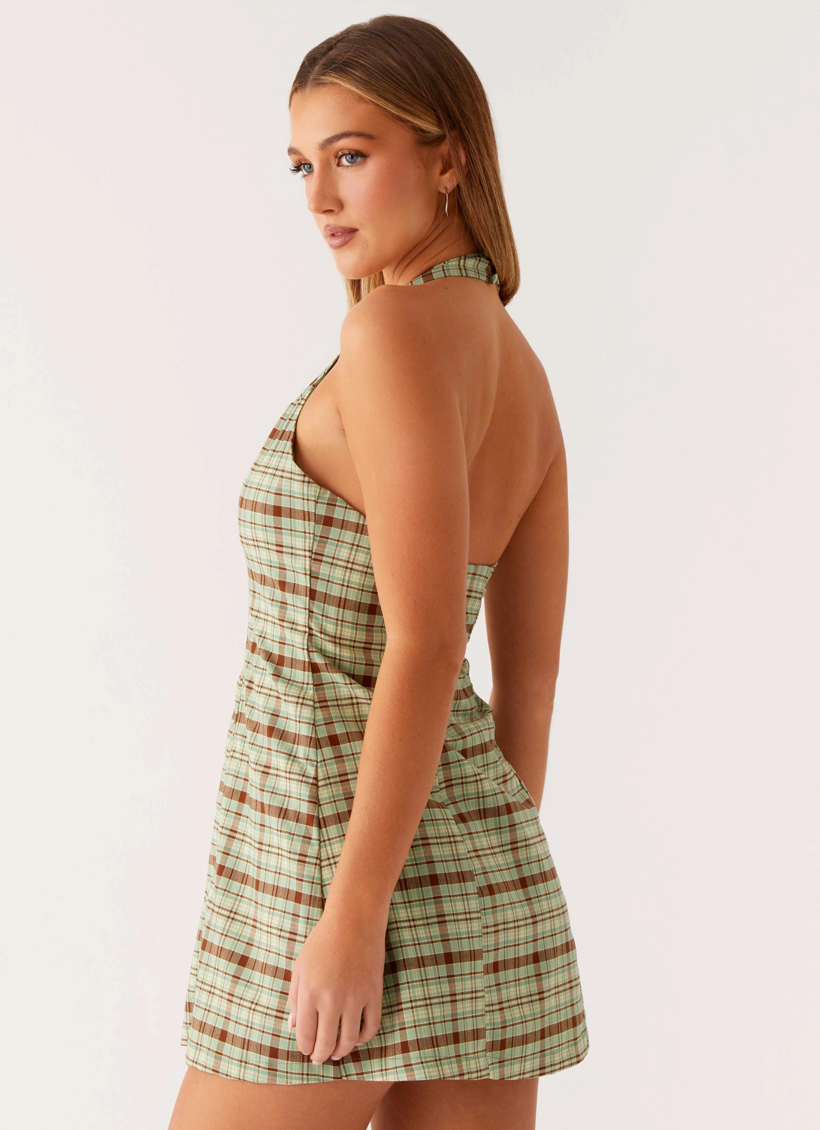 Dunia Halter Mini Dress - Forest Plaid