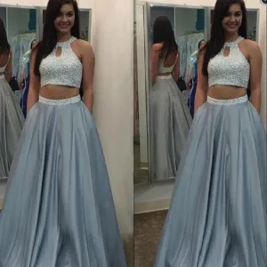 Dusty Blue Bead Top Two Piece Long Halter Neck Prom Dress