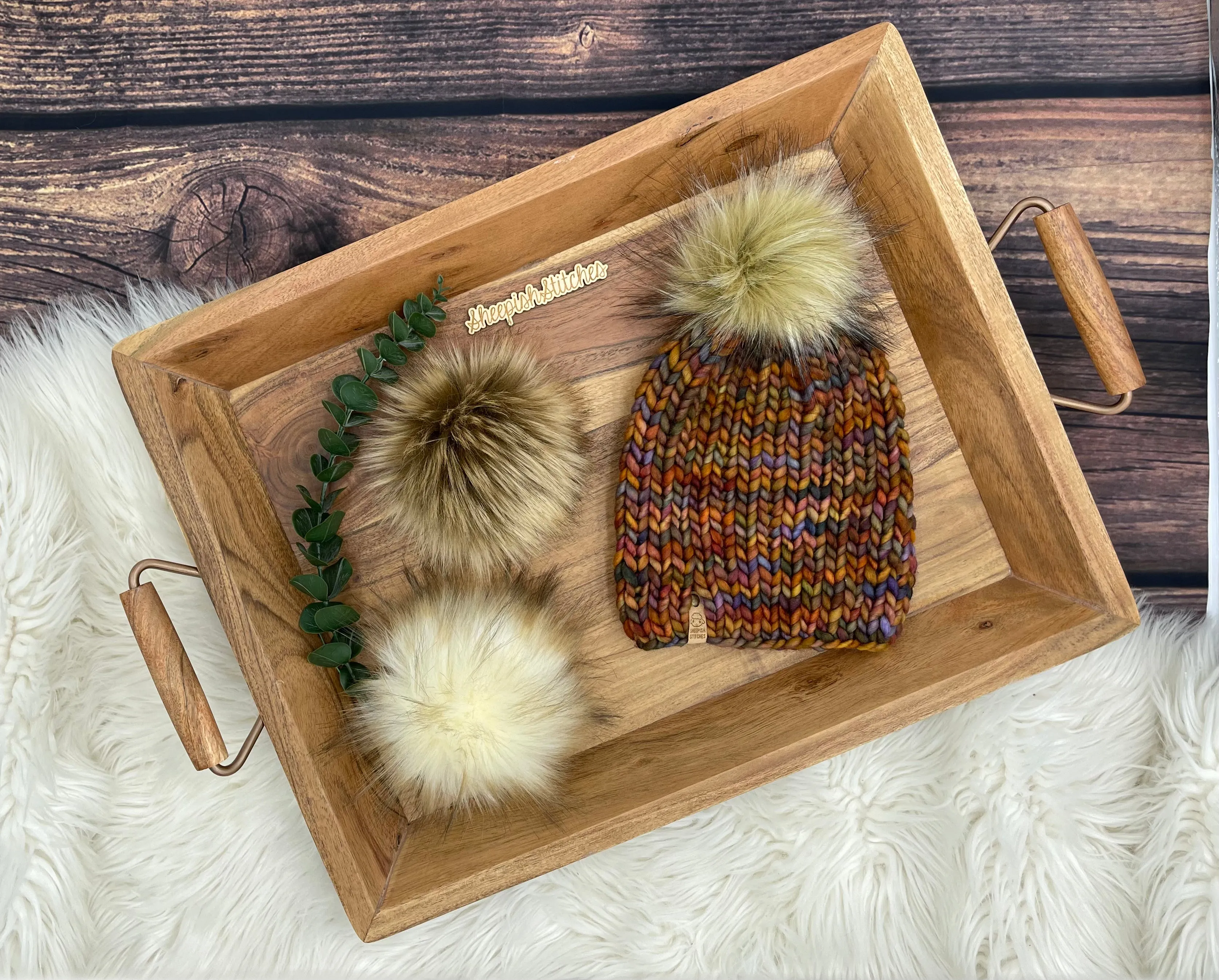 Earthy mix- Merino Wool Knit Hat with Faux Fur Pom Pom, Hand Knit Luxury Beanie, Ethically Sourced Merino Wool Toque