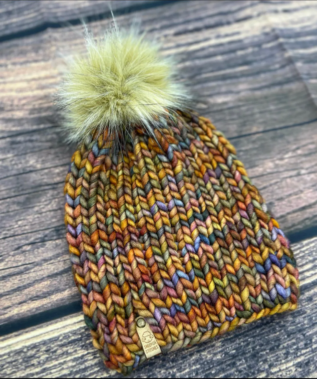 Earthy mix- Merino Wool Knit Hat with Faux Fur Pom Pom, Hand Knit Luxury Beanie, Ethically Sourced Merino Wool Toque