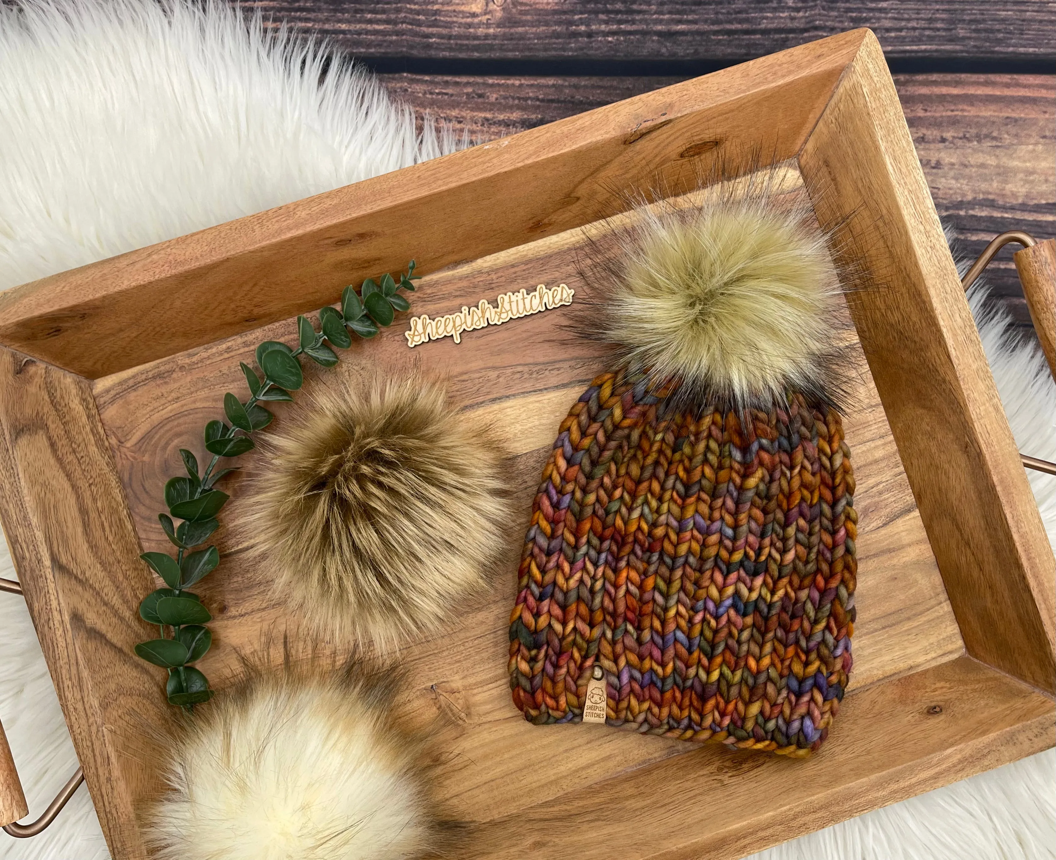 Earthy mix- Merino Wool Knit Hat with Faux Fur Pom Pom, Hand Knit Luxury Beanie, Ethically Sourced Merino Wool Toque